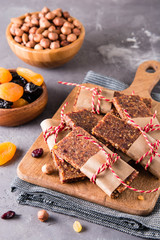 Dried fruit berry and nut energy bars. Healthy snack.