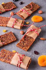 Dried fruit berry and nut energy bars. Healthy snack.