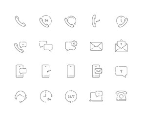 Simple set of Contacts related vector line web icons. Contains such Icons as Call us, Message, Chat and more. Editable Stroke. 48x48 Pixel Perfect.