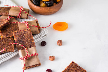 Dried fruit berry and nut energy bars. Healthy snack.