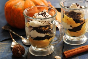 Homemade Pumpkin Mousse Parfait / Thanksgiving dessert, selective focus