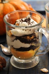 Homemade Pumpkin Mousse Parfait / Thanksgiving dessert, selective focus