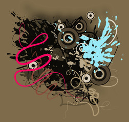 Abstract retro background of circles, lines and splashes.