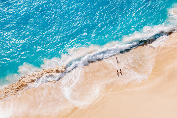 Aerial view to tropical sandy beach and blue ocean