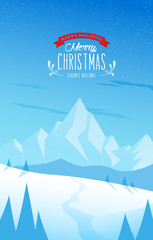 Fototapeta na wymiar Winter mountain landscape scenery and Merry Christmas text with pine trees and stars.