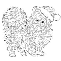 Coloring page of pomeranian, dog symbol of 2018 Chinese New Year. Freehand sketch drawing for Merry Christmas greeting card or adult antistress coloring book with doodle and zentangle elements.