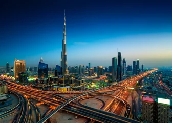 Foto op Plexiglas Geweldige nacht skyline van het centrum van Dubai, Dubai, Verenigde Arabische Emiraten © marekkijevsky