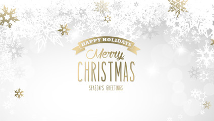 Christmas light background with white and golden snowflakes.