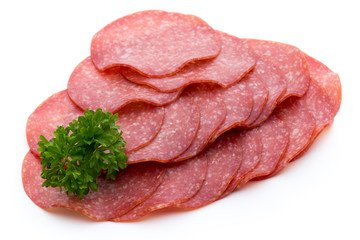 Salami slices isolated on white background.