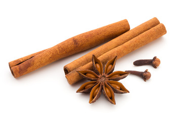 Cloves, anise and cinnamon isolated on white background.
