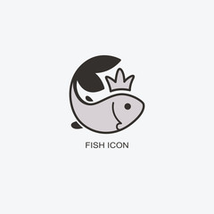 Fish in the crown logo template for design. Icon of seafood restaurant..Animals in a natural environment. Illustration of graphic flat style