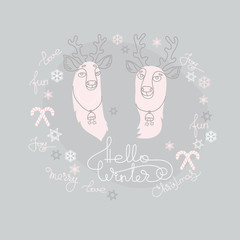 Vector Christmas greeting card with two cute deers.