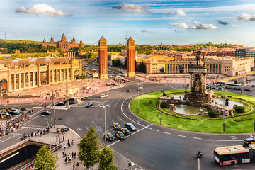 Aerial view of Placa d'Espanya, landmark in Barcelona, Catalonia, Spain - obrazy, fototapety, plakaty