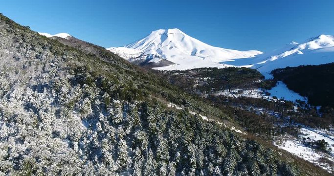 Sunny Snow Covered Trees Aerial Drone Flyover Towards Lonquimay Volcano and Corralco
