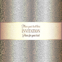 Romantic background with luxury holographic gold vintage frame, victorian banner, made of feathers wallpaper ornaments, invitation card, baroque style booklet, holography effect