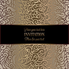 Romantic background with antique, luxury black, beige and gold vintage frame, victorian banner, made of feathers wallpaper ornaments, invitation card, baroque style booklet, fashion pattern