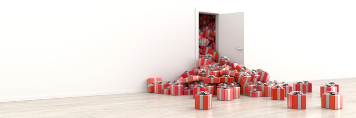 Infinite gift boxes getting out of a door, original 3d rendering.