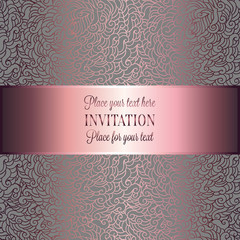 Abstract background with luxury metal pink place for text vintage tracery made of feathers, damask floral wallpaper ornaments, invitation card template, fashion pattern on pink and gray background