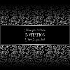 Romantic background with antique, luxury black and silver metal vintage frame, victorian banner, made of feathers wallpaper ornaments, invitation card, baroque style booklet, fashion pattern