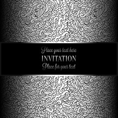 Abstract background with luxury metal silver  place for text vintage tracery made of feathers, damask floral wallpaper ornaments, invitation card, fashion pattern
