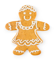 Gingerbread in the form of girl - Christmas homemade sweet cookie, isolated on white background