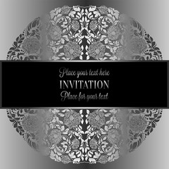 Baroque background with antique, luxury silver and gray vintage frame, victorian banner, damask floral wallpaper ornaments, invitation card, baroque style booklet, fashion pattern, template for design