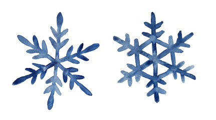 Set of two dark blue watercolor snowflakes illustration. Holiday traditional decoration, sign of winter, cold weather, symbol of unique beauty. Hand painted drawing, isolated on white background.