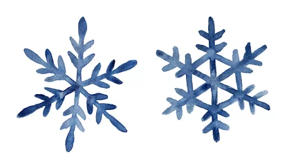 Fotobehang Set of two dark blue watercolor snowflakes illustration. Holiday traditional decoration, sign of winter, cold weather, symbol of unique beauty. Hand painted drawing, isolated on white background. © Julija