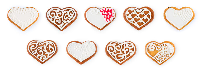 Set of Christmas gingerbread - sweet cookies in the form of heart, isolated on white background