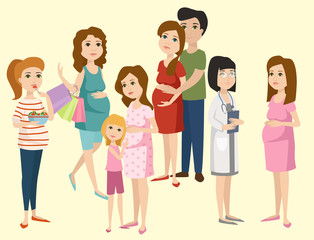 Pregnancy motherhood people expectation concept happy pregnant woman character life with big belly vector illustration