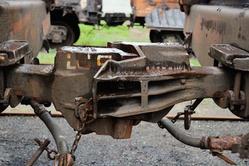 Automatic coupling of railway cars close-up. railway transport