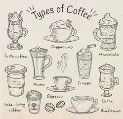 Beautiful illustration of types of coffee. Espresso, cappuccino, american, takeaway, latte, mocha, irish coffee, frappe, cold coffee - 180795363