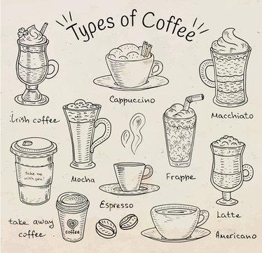 Beautiful illustration of types of coffee. Espresso, cappuccino, american, takeaway, latte, mocha, irish coffee, frappe, cold coffee