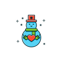 Snowman flat color line icon on isolated background. Two-ball snow man with heart in its hands, scarf, hat and mittens. Christmas character vector illustration.