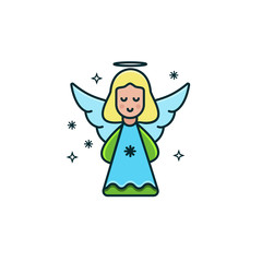 Cute girl angel flat color line icon on isolated background. Christmas character design in trendy minimal design. Vector illustration of little angel with blonde hair and halo, blue wings and dress.