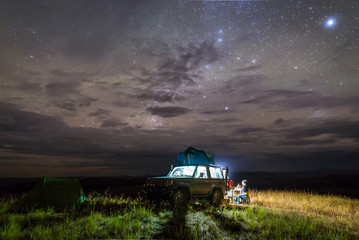 Camping site on top of a hill with starry night in Gran Sabana region, Venezuela