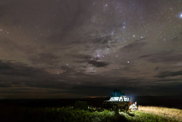 Camping site on top of a hill with starry night in Gran Sabana region, Venezuela