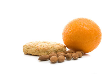 Light Snack of Almonds, Cookie and Orange on White