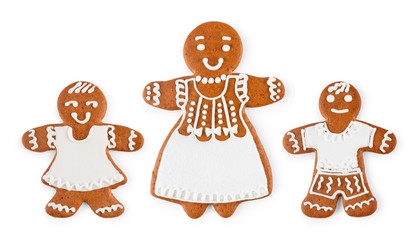 Set of Christmas gingerbread - sweet cookies in the form of mother with kids, isolated on white background