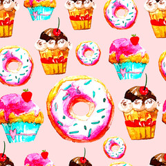 Sweet Seamless Pattern with Cakes, Donuts and Ice-cream. Appetizing Background for Design of Menu, Invitations, Pages of a Cookbook. Wonderful Print for Wrapping Paper, Fabric, Tiles, Wallpaper