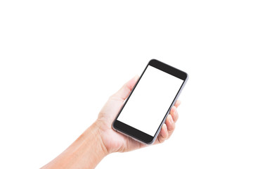 Man hand holding blank screen mobile phone isolated on white background; clipping path