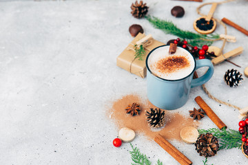Hot chocolate. Christmas composition over vintage background