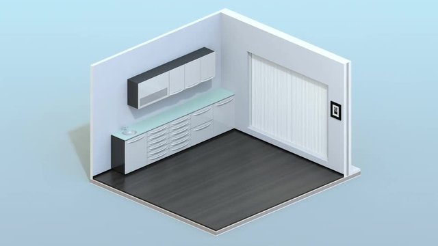 Isometric view of dental clinic interior with dental chair and cabinet system. 3D rendering animation.