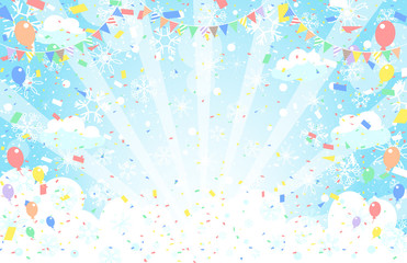 雪の結晶　紙吹雪　風船　旗　青空