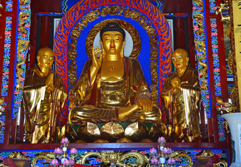 Fototapeta na wymiar Скульптура золотого Будды в храме Чхун Лин Сы (Чжунлин) в единственном в мире монастыре в кратере вулкана. Удалянчи, Китай
