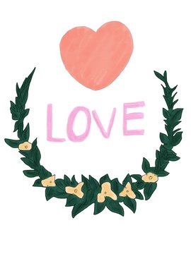 Abstract hand draw doodle floral on white background with heart shape and love word, illustration, valentine card, copy space for text, watercolor paint style