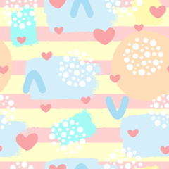 Cute abstract seamless pattern with hearts, brush strokes and geometric shapes. Sketch, grunge. Drawn by hand.