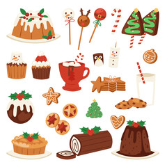 Christmas food vector desserts holiday decoration xmas family diner sweet celebration meal illustration. Traditional festive winter cake homemade x-mas party - 180804702