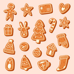 Christmas cake vector sweet desserts food traditional cakes for Xmas dinner and teatime - tree, deer, cakeman, bell, house, sock and penguin illustration