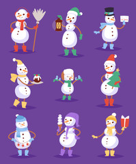 Snowman cute cartoon winter christmas character holiday merry xmas snow boys and girls vector illustration